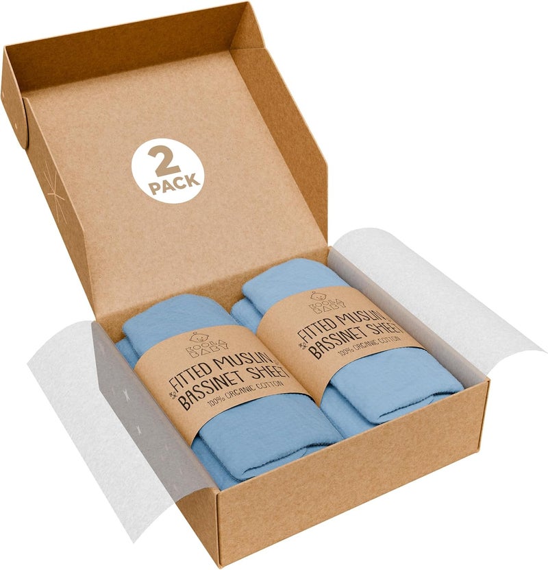 KoolerThings Bassinet Fitted Sheets - Compatible with SNOO Happiest Baby Oval Bassinet | 100% Organic Muslin Cotton - Light Blue + Dark Blue | 30x16 (2 Pack) - Image 1